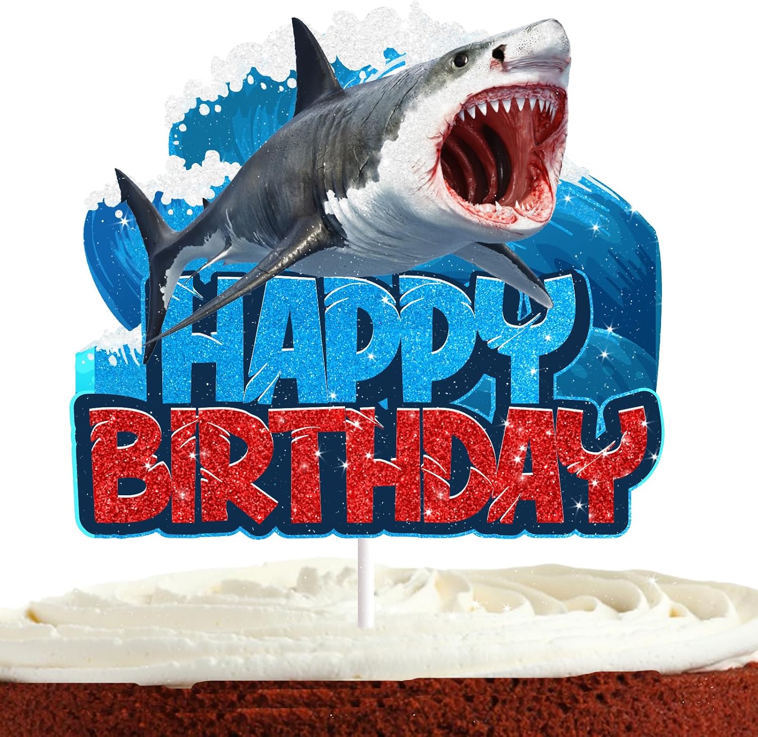Shark Cake Topper for Boys Girls Baby Shower Happy Birthday Shark Fin Ocean Theme Party Supplies Decoration Blue Glitter Under the Sea Shark Cake Decorations