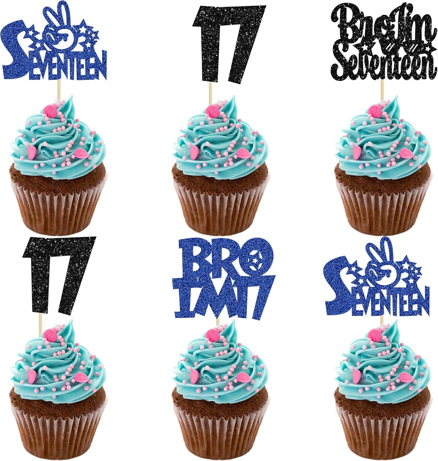 Ephlyn 24Pcs Bro I'm 17 Cupcake Toppers Glitter Boy 17th Birthday Cupcake Pick Decorations for Cheers to Seventeen Years Old Big Brother 17th Birthday Party Supplies