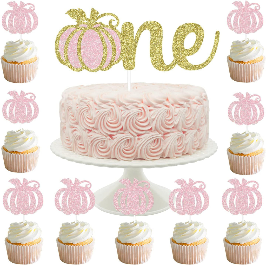 Gold Glittery Pumpkin Cake Topper and 24 Glittery Pumpkin Cupcake Toppers - Baby Shower and Birthday Decorations, Fall Theme