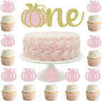 Gold Glittery Pumpkin Cake Topper and 24 Glittery Pumpkin Cupcake Toppers - Baby Shower and Birthday Decorations, Fall Theme