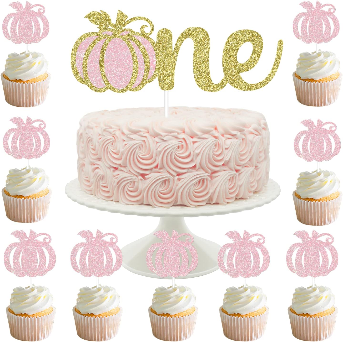 Gold Glittery Pumpkin Cake Topper and 24 Glittery Pumpkin Cupcake Toppers - Baby Shower and Birthday Decorations, Fall Theme