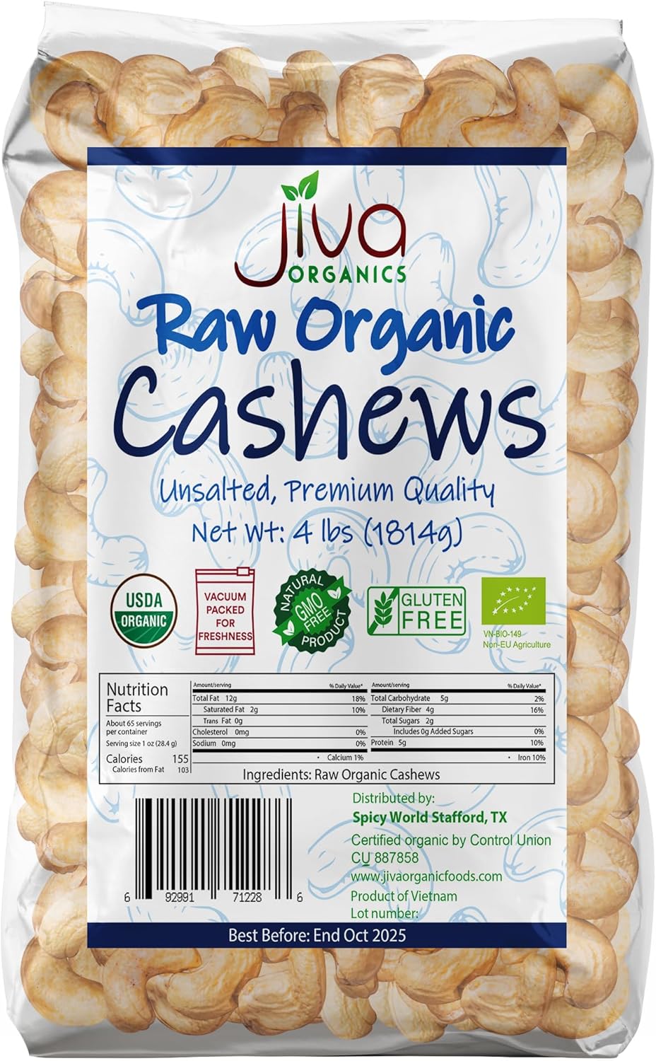 Jiva Organics Raw Organic Cashews (Whole) 4 Pound Bag