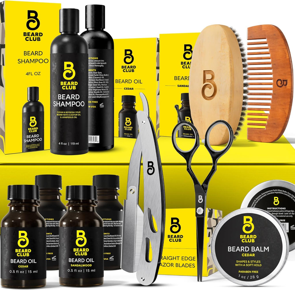 The Beard Club Beard Kit for Men - Grooming & Care Kit - Cedar & Sandalwood Oil, Cedar Balm, Shampoo, Brush, Comb, Trimming Scissors, Straight Edge Razor - Gift Set