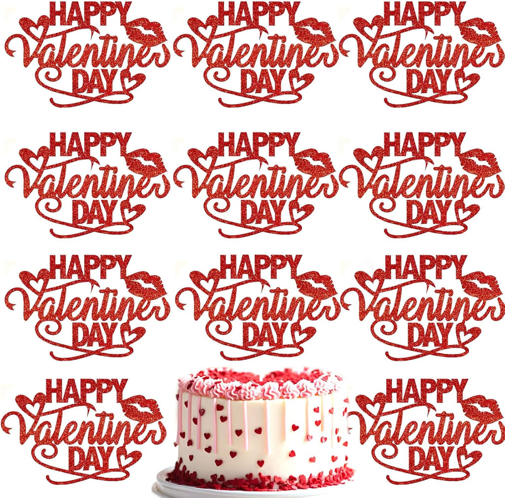 Valentine's Day Cake Toppers, 10PCS Red Glitter Hearts Cupcake Toppers Happy Valentine's Day Topper for DIY Cake Dessert Decor, Valentine Party Supplies Holiday Baking Decorations Gift
