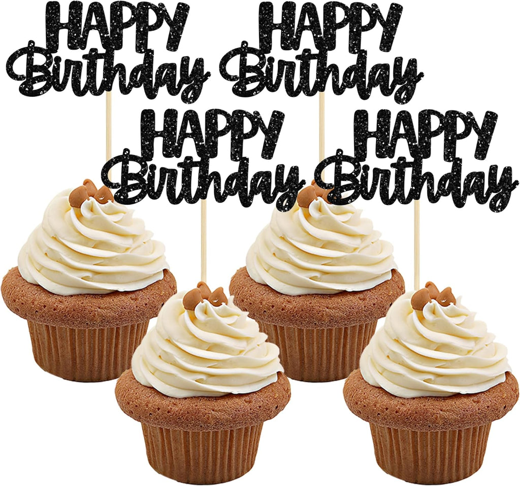 Gyufise Happy Birthday Cupcake Toppers Black Glitter Birthday Cake Topper Picks Dessert Topper Decoration for Birthday Party Anniversary Celebration