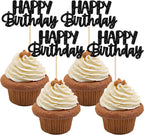 Gyufise Happy Birthday Cupcake Toppers Black Glitter Birthday Cake Topper Picks Dessert Topper Decoration for Birthday Party Anniversary Celebration