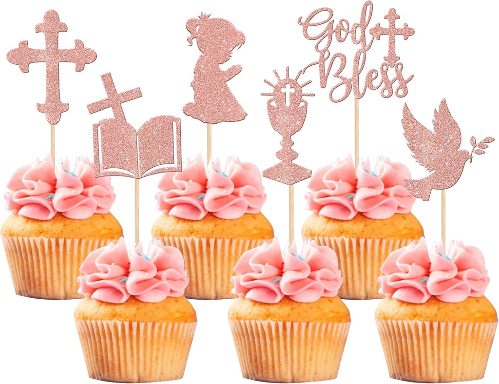 24 PCS Girl God Bless and Baptism Cupcake Toppers Glitter Dove Cross Cupcake Picks First Communion Christian Baptism Theme Baby Shower Girls Birthday Party Cake Decorations Supplies Rose Gold