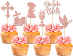 24 PCS Girl God Bless and Baptism Cupcake Toppers Glitter Dove Cross Cupcake Picks First Communion Christian Baptism Theme Baby Shower Girls Birthday Party Cake Decorations Supplies Rose Gold