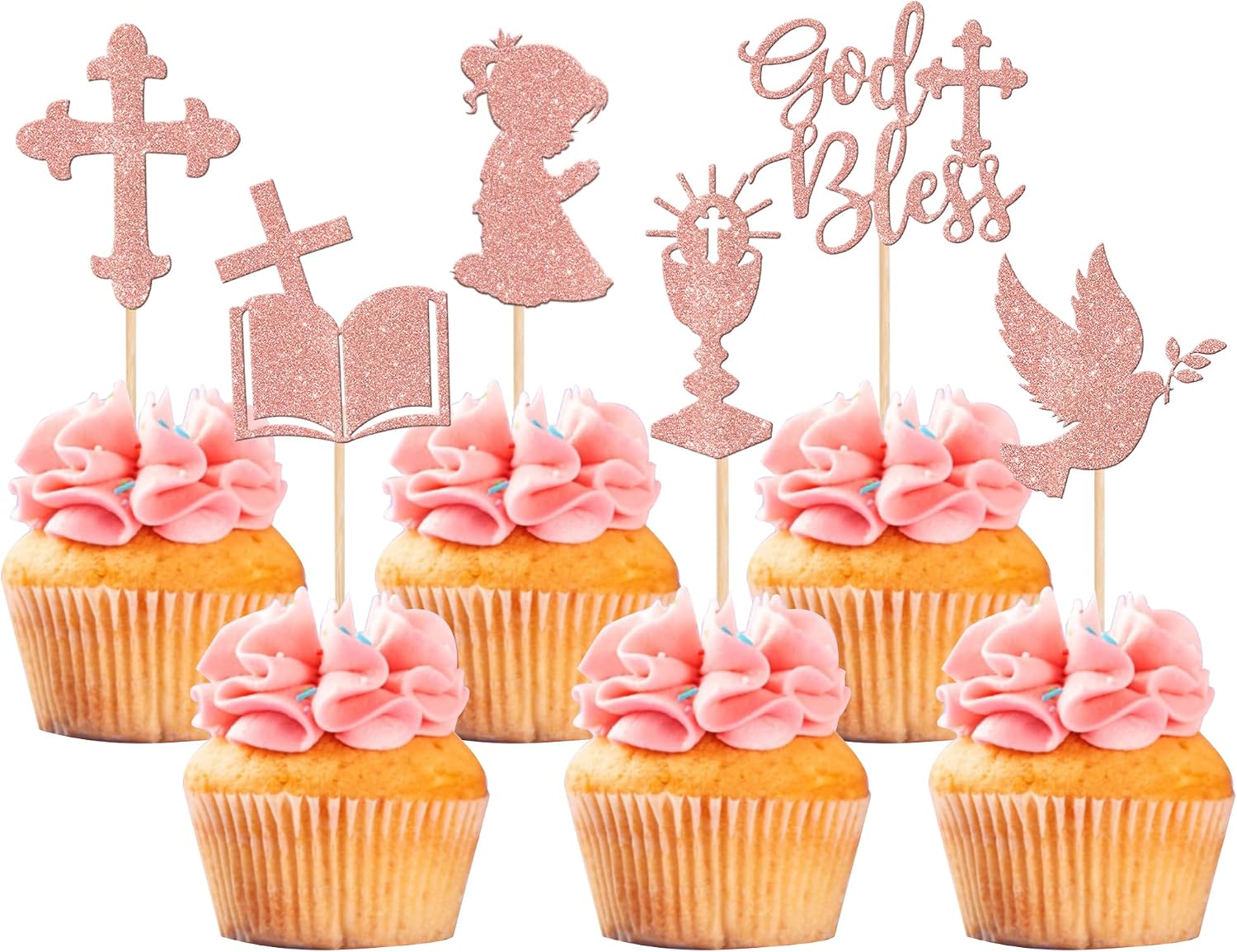 24 PCS Girl God Bless and Baptism Cupcake Toppers Glitter Dove Cross Cupcake Picks First Communion Christian Baptism Theme Baby Shower Girls Birthday Party Cake Decorations Supplies Rose Gold