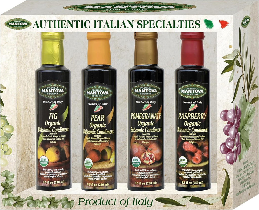 Mantova Organic Flavored Balsamic Vinegar of Modena 4-Variety Pack: Fig, Pear, Pomegranate, & Raspberry; Perfect for Gift Basket, Add to Pasta, Salad, Ice Cream and Cocktails, 8.5 oz per bottle