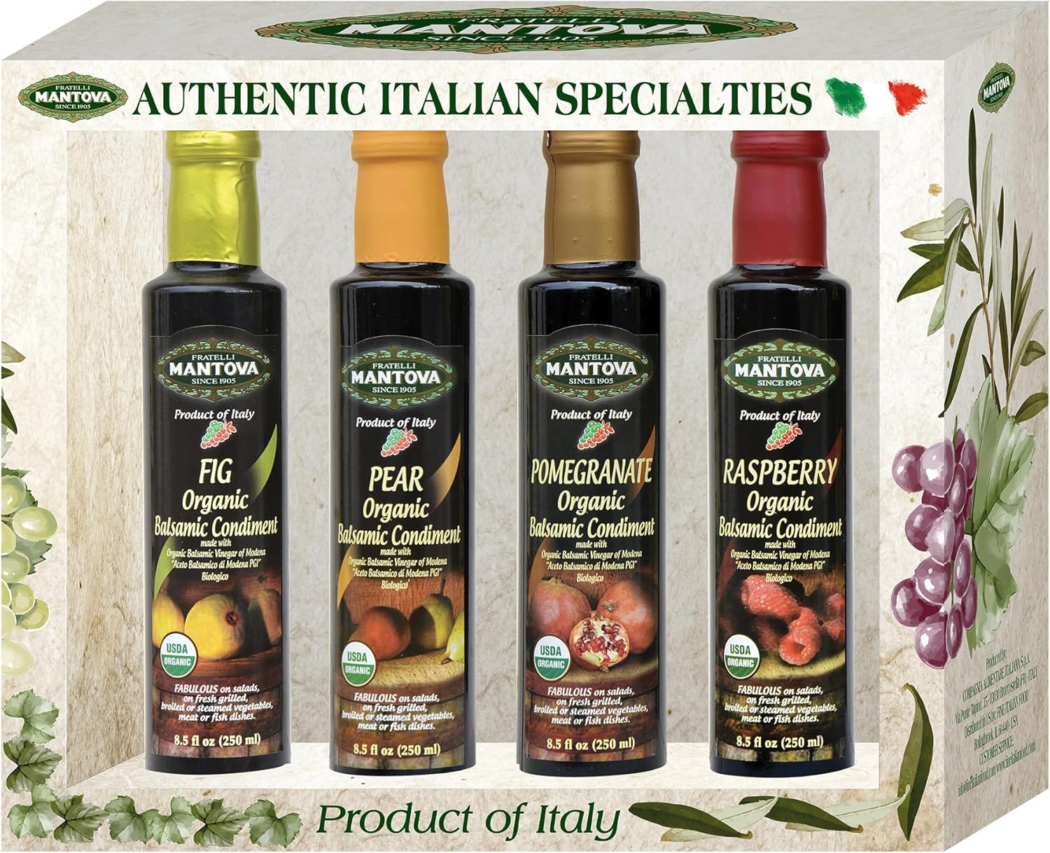 Mantova Organic Flavored Balsamic Vinegar of Modena 4-Variety Pack: Fig, Pear, Pomegranate, & Raspberry; Perfect for Gift Basket, Add to Pasta, Salad, Ice Cream and Cocktails, 8.5 oz per bottle