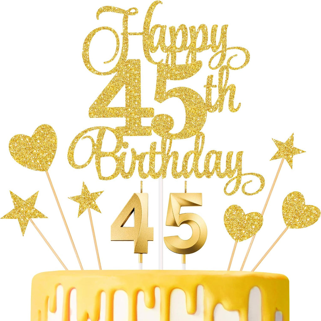 45th Birthday Cake Decorations, 45th Birthday Candles Cake Numeral Candles and Glitter Happy 45th Birthday Cake Toppers Set for Birthday Party Supplies (Gold)
