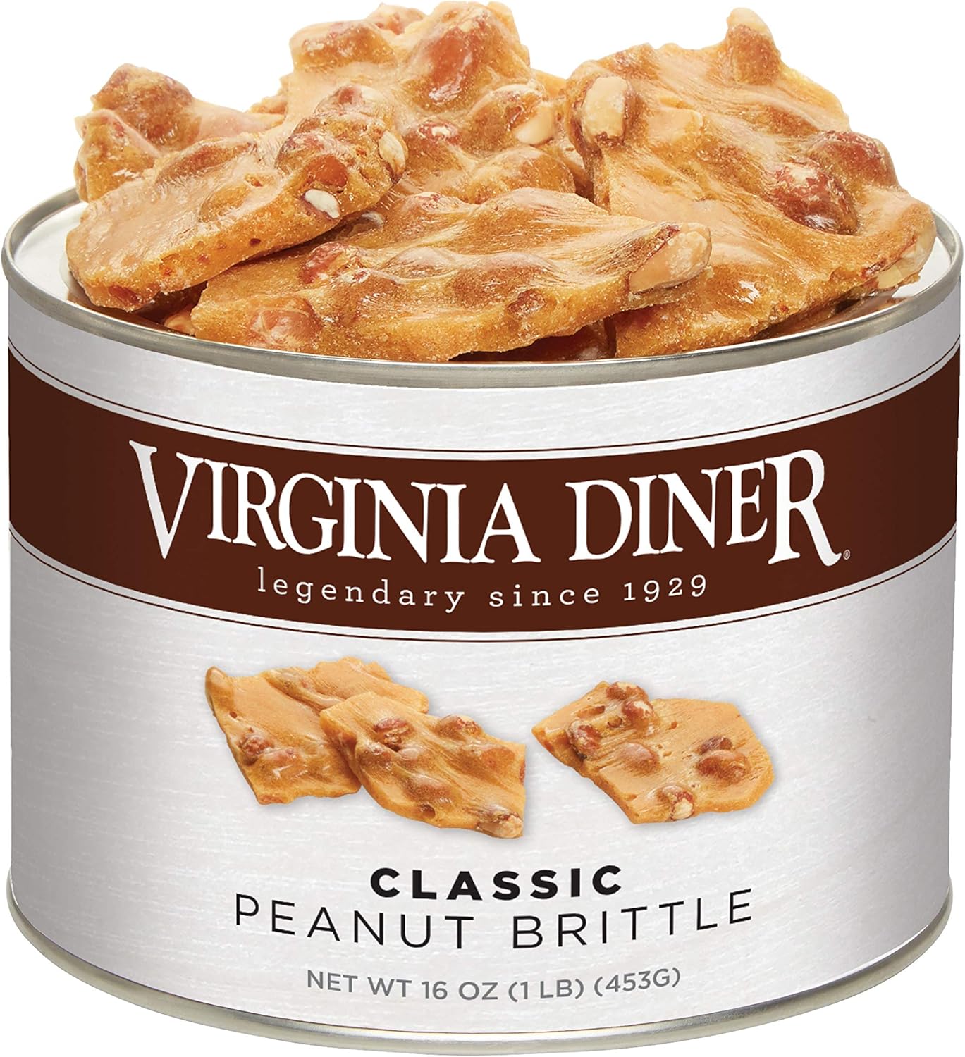 Virginia Diner Gourmet Natural Classic Peanut Brittle - XL Buttery Virginia Peanuts Non-GMO, Preservative Free Gifts from Virginia Since 1929-16 Oz Can