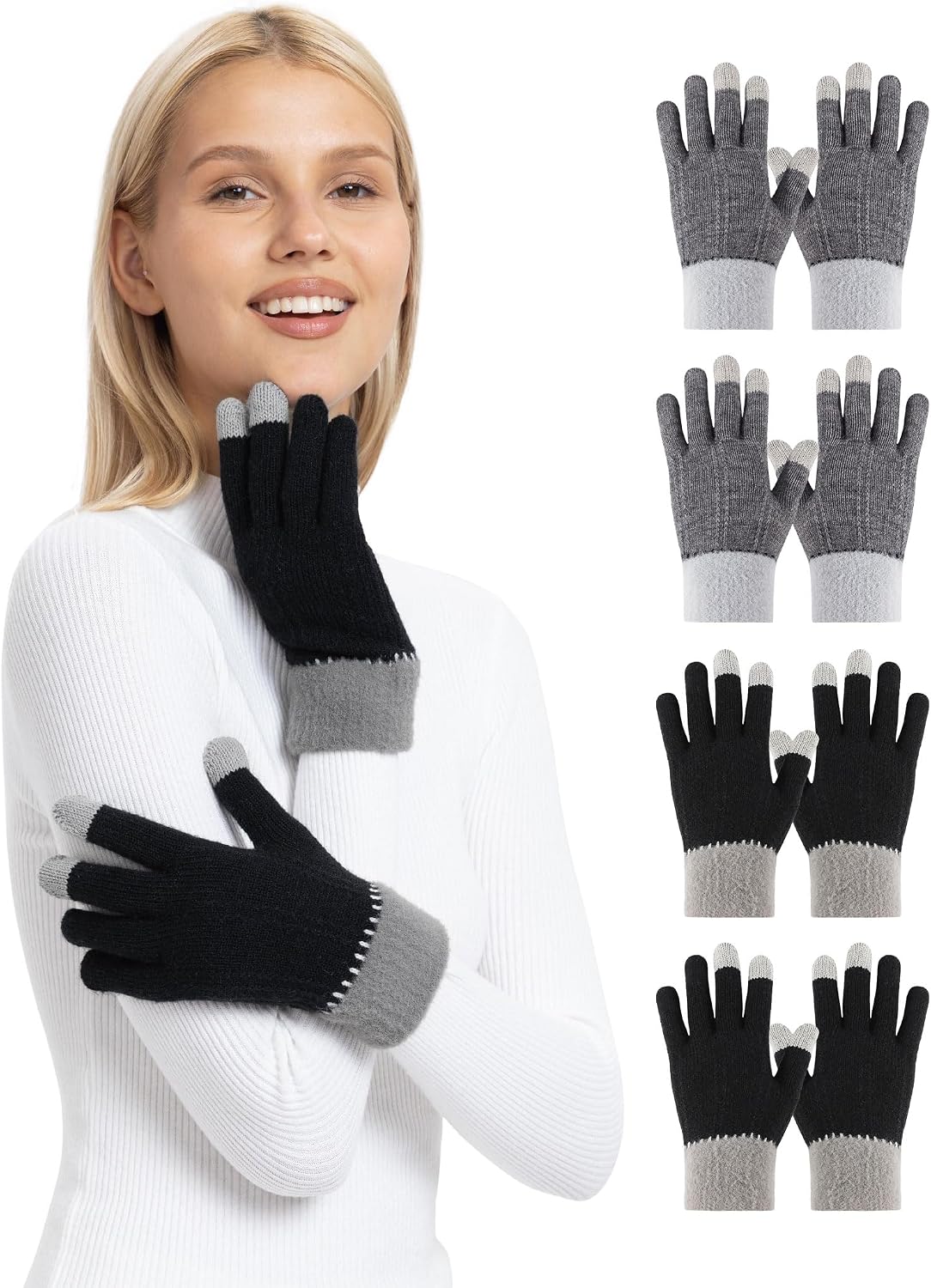 Winter Gloves for Women, 4 Pairs Womens Touch Screen Warm Lining Stretchy Thermal Knitted Gloves for Cold Weather