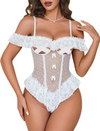 Avidlove Lingerie for Women V Neck One Piece Bodysuit Lace Ruffle Babydoll Off Shoulder Rave Outfits