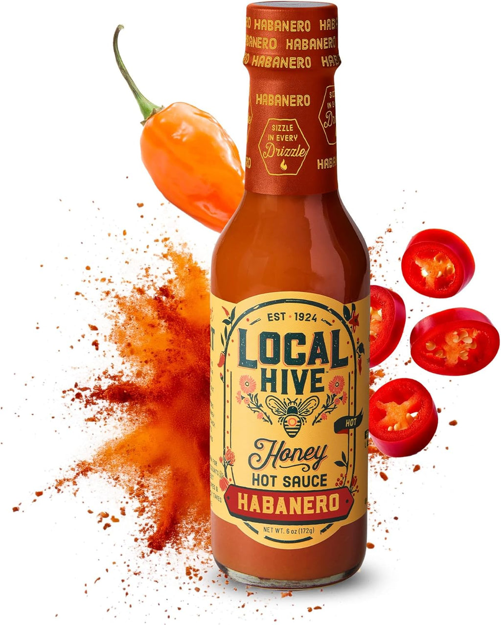 Local Hive Habanero Honey Hot Sauce – 6oz, Sweet & Spicy, Natural Raw Honey with Habanero Pepper for Dipping, Drizzling, Grilling, Tacos, BBQ, and Cooking