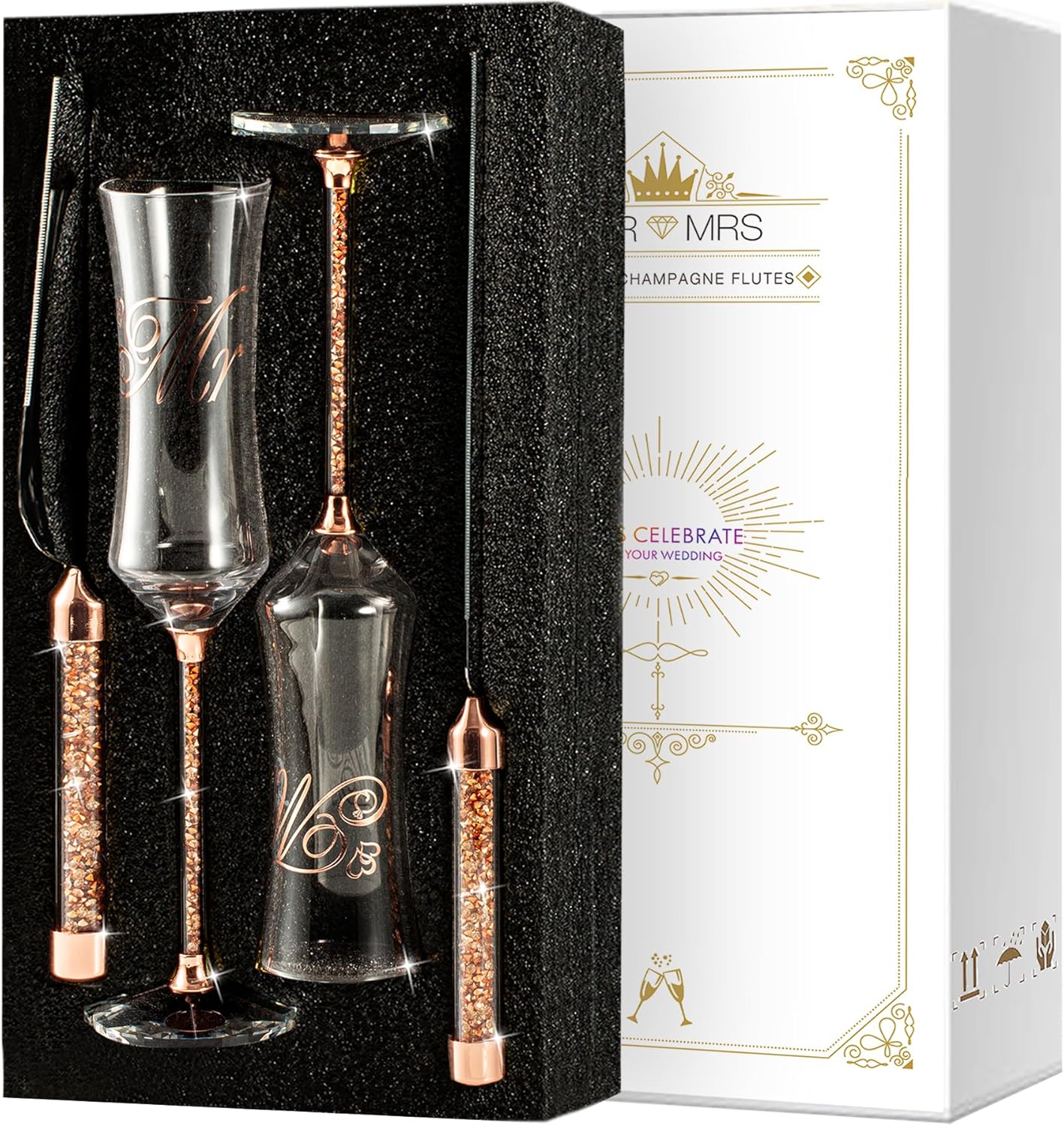 Wedding Cake Knife and Server Set, 7oz Crystal Champagne Flutes Set Rose Gold Bride Groom Toasting Glasses Cutting for Mr Mrs Engagement Gifts