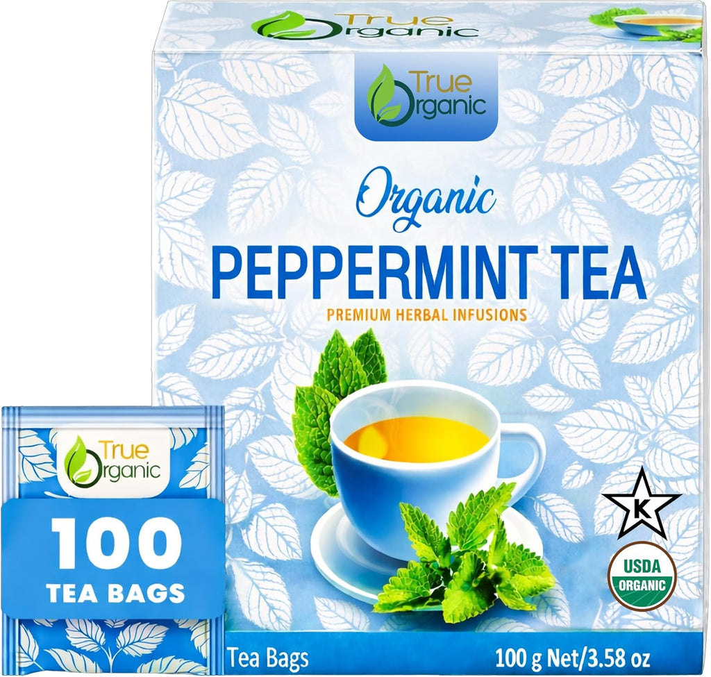 True Organic Premium Peppermint Tea |100 Count Tea Bags | USDA Organic & Kosher Certified |100 Envelop Organic Peppermint Tea Bags for Your Home & Cafe.