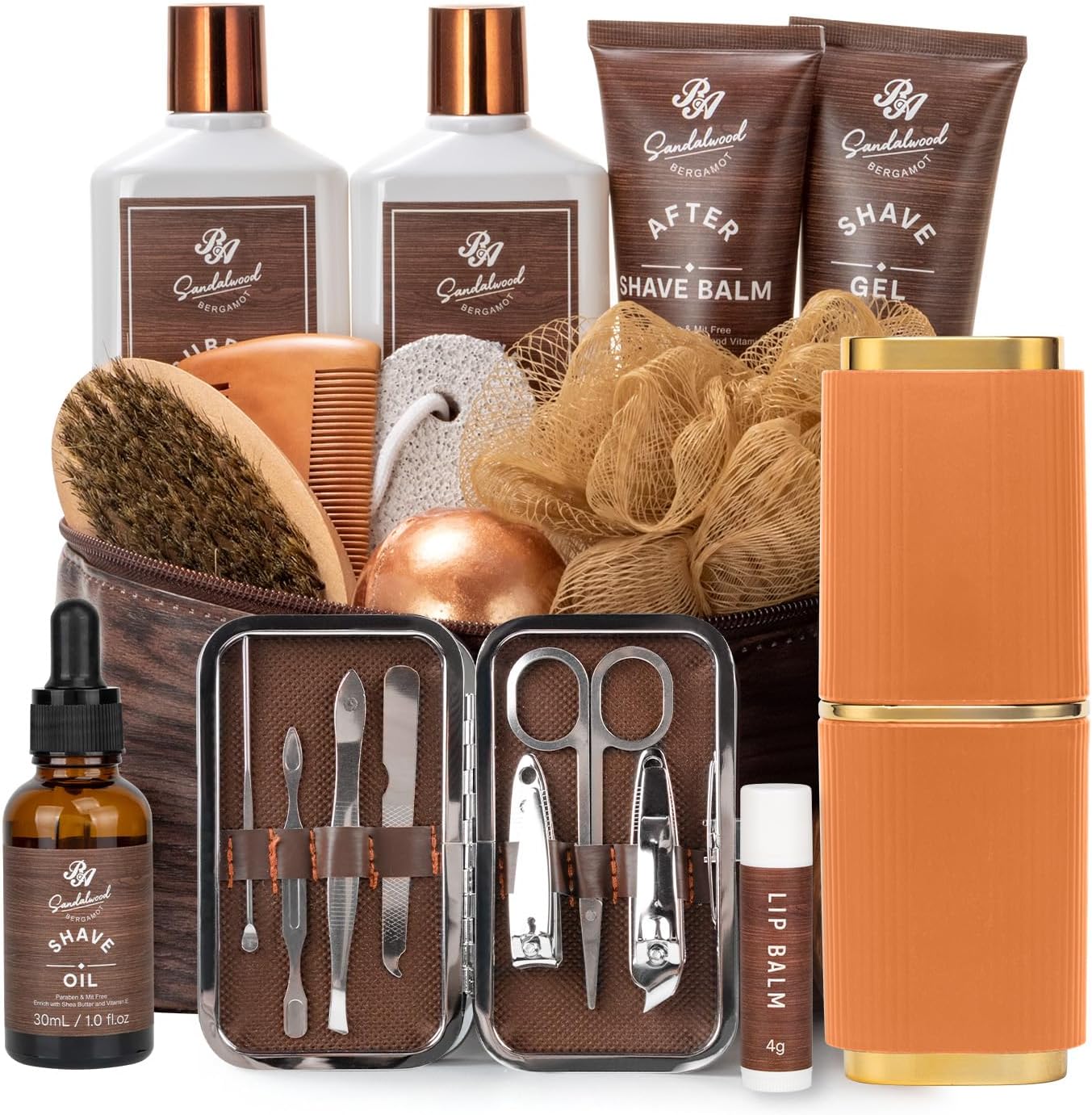 Valentines Day Gifts for Men, 21 Pcs Sandalwood Bath & Body Care Kit, Beard Gift Set for Men, Shave Beard Kit, Leather Bag, Home Spa Kit, Relaxing Men's Gift Basket, Birthday, Father's Day Gift