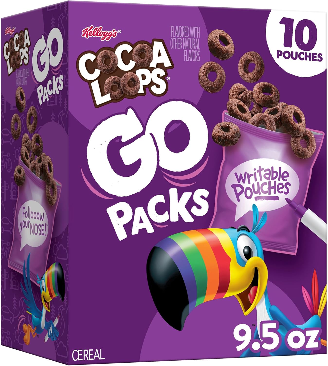 Kellogg's Cocoa Loops Go Packs Cereal, Kids Snacks, Lunch Snacks, Original, 9.5oz Box (10 Pouches)
