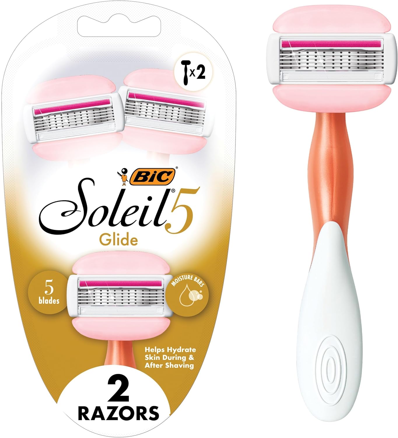 BIC Soleil 5 Glide Women's Disposable 5-Blade Razors, Shea Butter Moisture Bars for Smooth Glide, 2-Pack
