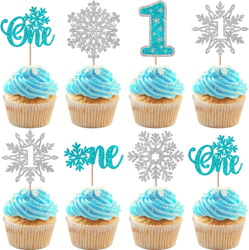 Rsstarxi 24 Pack Snowflake One Cupcake Toppers Glitter Winter Onederland Snowflake 1st Birthday Cupcake Picks for Snowflake Theme Baby Shower First Birthday Party Cake Decorations Blue
