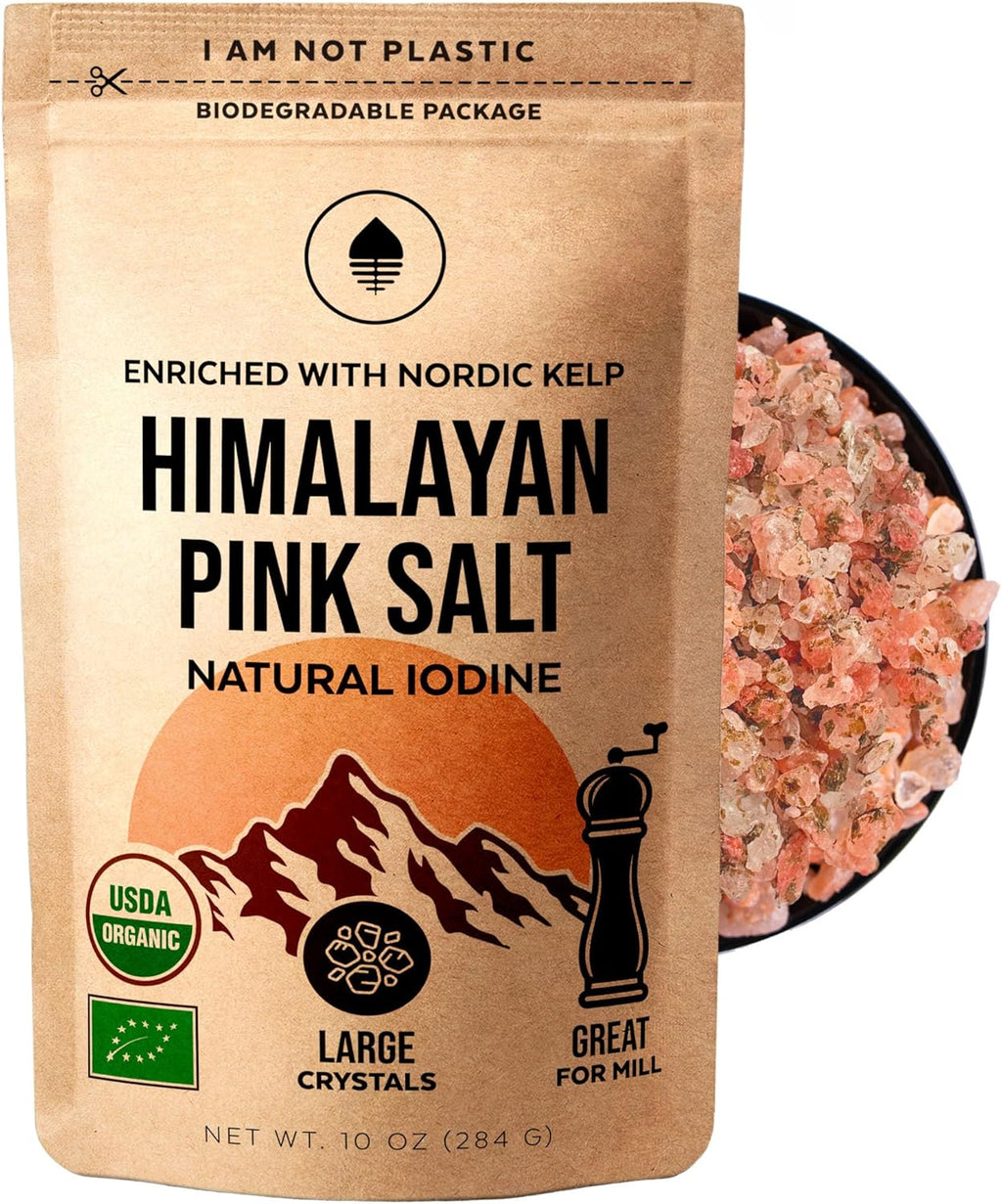 Himalayan Pink Salt with Nordic Kelp – Naturally Iodized salt for everyday use in Plastic-Free Packaging | Coarse salt for grinder refill | Gourmet Salt for Cooking | Unrefined, Additive-Free, 10oz