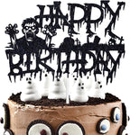Zombies Happy Birthday Cake Topper, Horror Monster Zombies Cake Decor, Spooky Halloween Themed Birthday Anniversary Party Supplies for Kid’s Men Women, Black Glitter