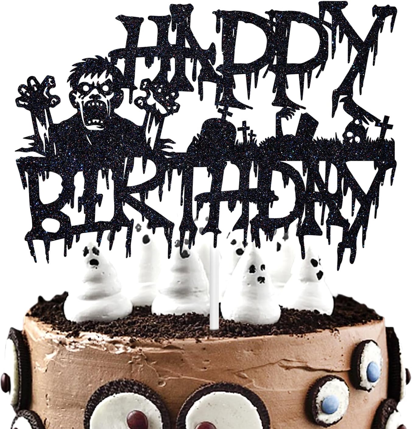 Zombies Happy Birthday Cake Topper, Horror Monster Zombies Cake Decor, Spooky Halloween Themed Birthday Anniversary Party Supplies for Kid’s Men Women, Black Glitter