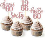 24 Pcs Glitter 60th Birthday Cupcake Toppers for Celebrating Sixty Years Old Birthday Party Decorations (Rose Gold)