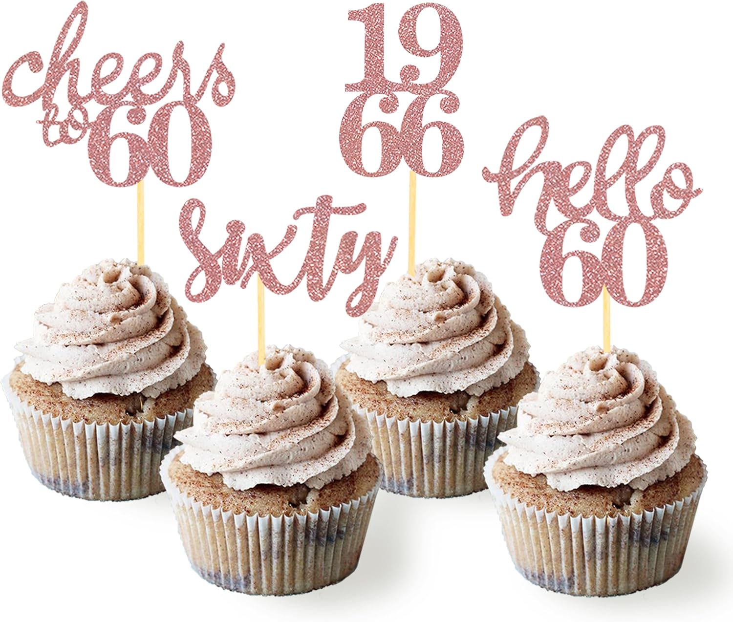 24 Pcs Glitter 60th Birthday Cupcake Toppers for Celebrating Sixty Years Old Birthday Party Decorations (Rose Gold)