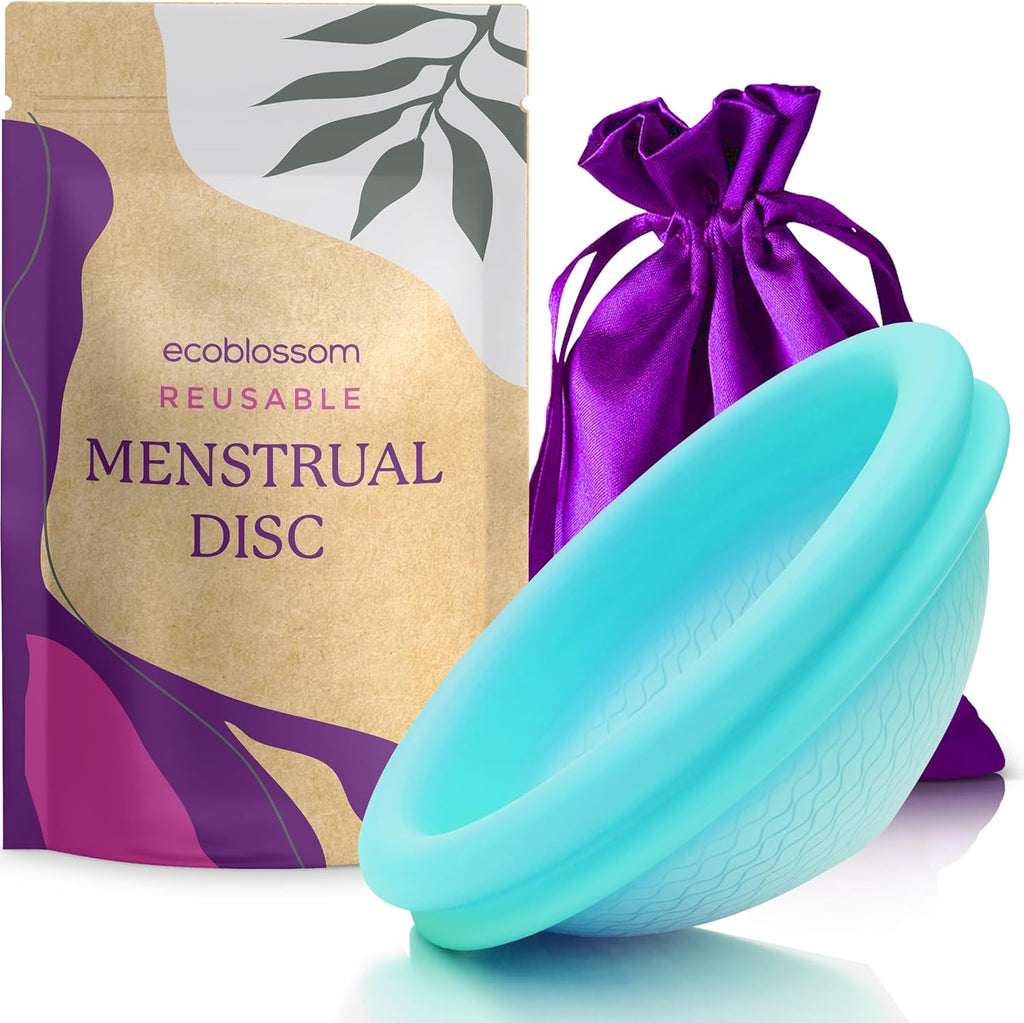 Ecoblossom Reusable Menstrual Disc - Large Menstrual Cup - Soft Period Disc for Women Designed with Flexible, Medical-Grade Silicone Period Cup (Large, Cyan)