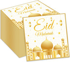 100Pcs Eid Mubarak Paper Napkins White and Gold Moons Stars Guest Lunch Dinner Tableware Disposable Dessert Napkin Set for Muslim Kitchen Holiday Party Supplies Decoration,6.5 x 6.5 inch
