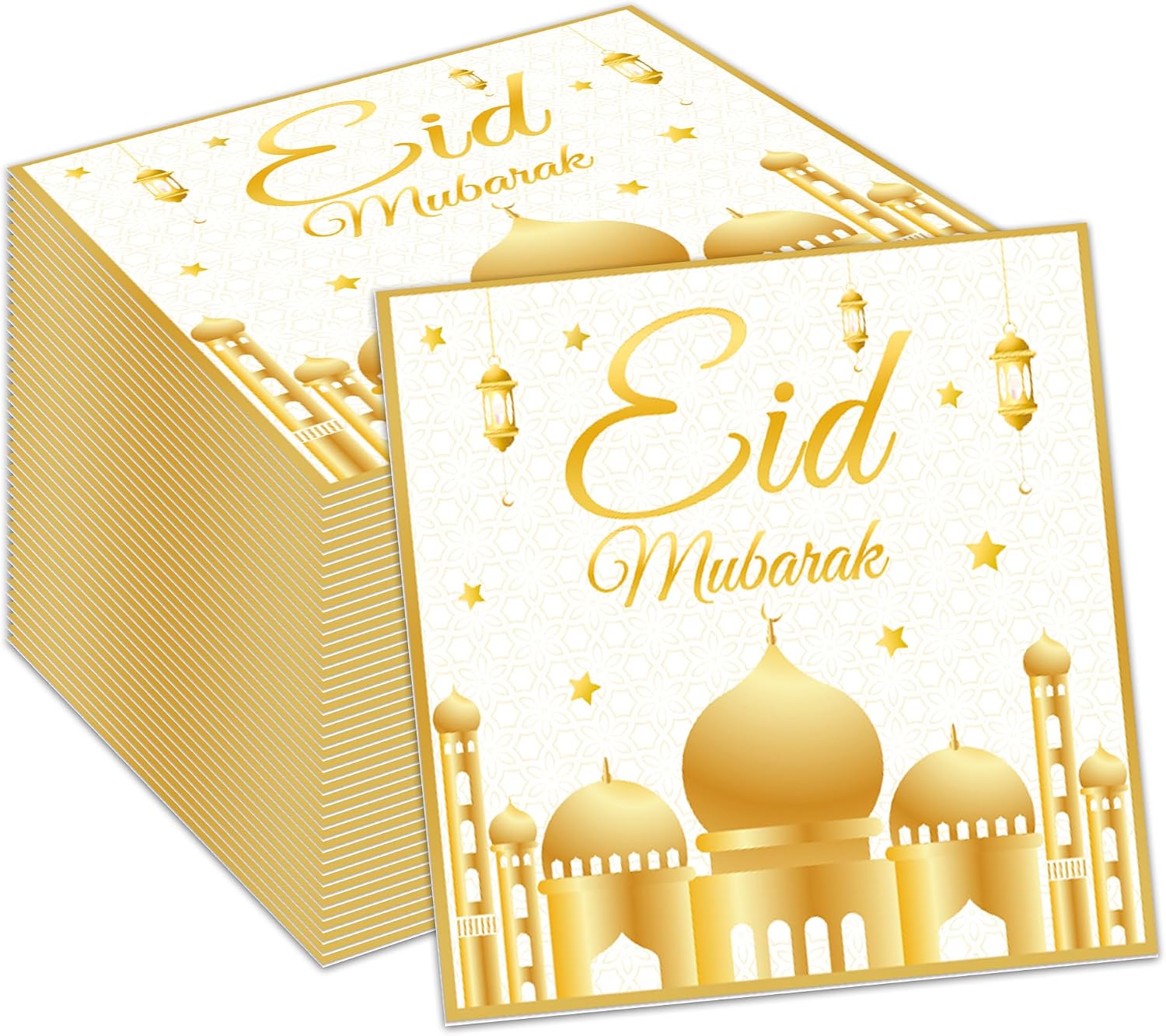 100Pcs Eid Mubarak Paper Napkins White and Gold Moons Stars Guest Lunch Dinner Tableware Disposable Dessert Napkin Set for Muslim Kitchen Holiday Party Supplies Decoration,6.5 x 6.5 inch