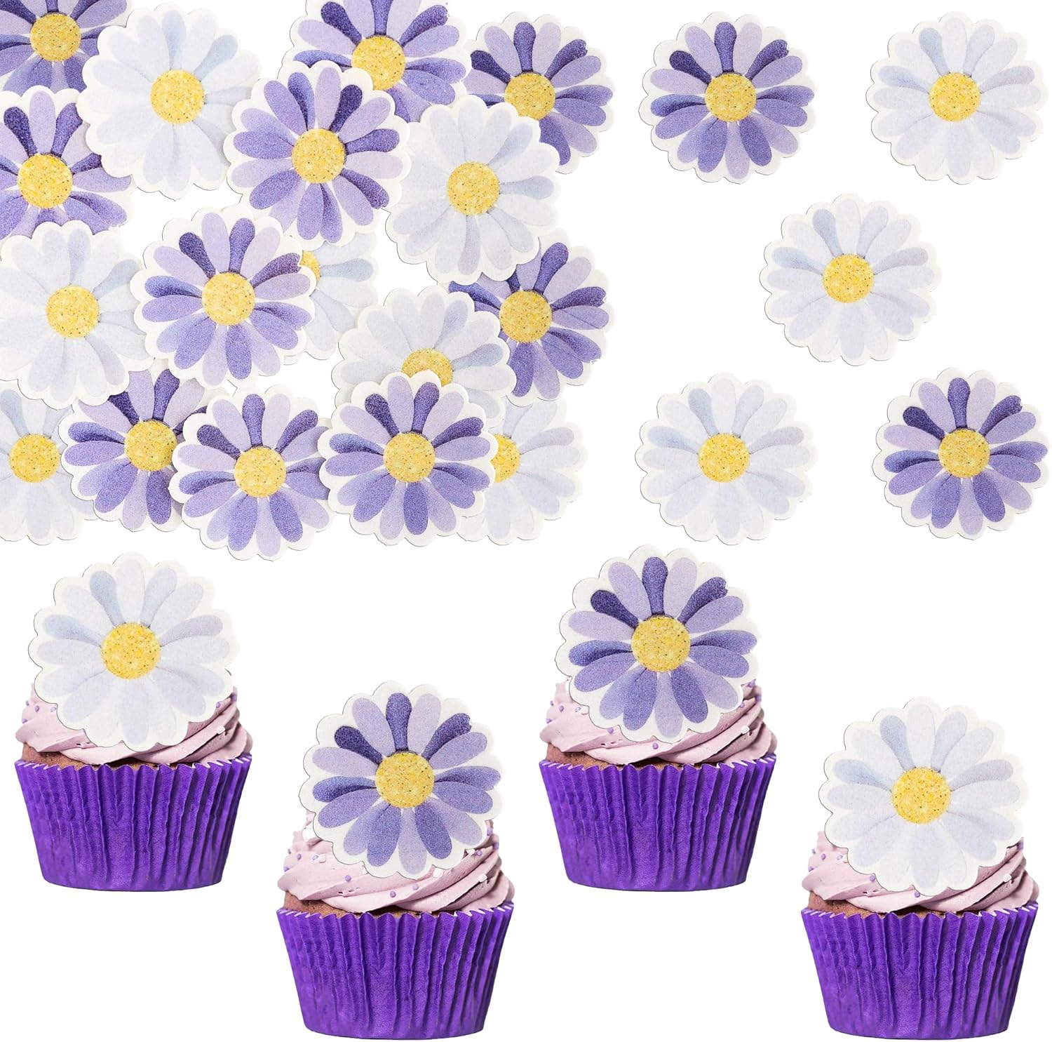 Ephlyn 48Pcs Edible Daisy Cupcake Toppers Wafer Paper Flower Cake Topper Decorations Flower Chrysanthemum Party Decorations for Birthday Wedding Birthday Party Supplies Purple