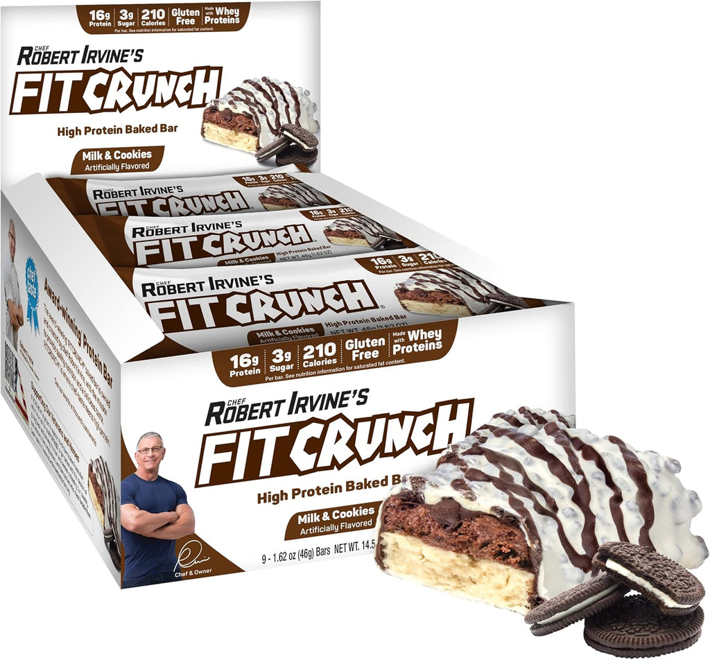 FITCRUNCH Snack Size Protein Bars, World’s Only 6-Layer Baked Bar, Just 3g of Sugar & Soft Cake Core (9 Count, Milk & Cookies)