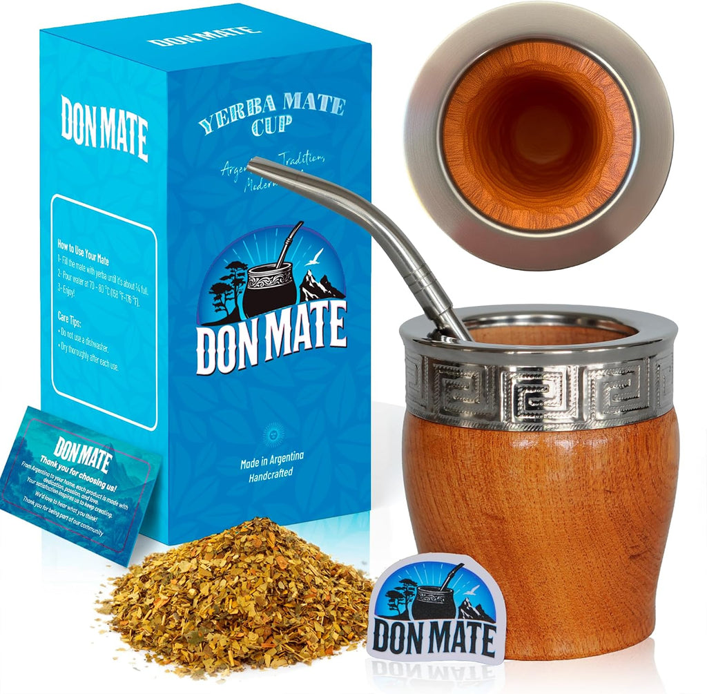 DON MATE Yerba Mate Cup and Bombilla Set – Handmade Imperial Mate Algarrobo – Yerba Mate Kit with Bombilla Straw – Imperial Algarrobo Wooden Mate