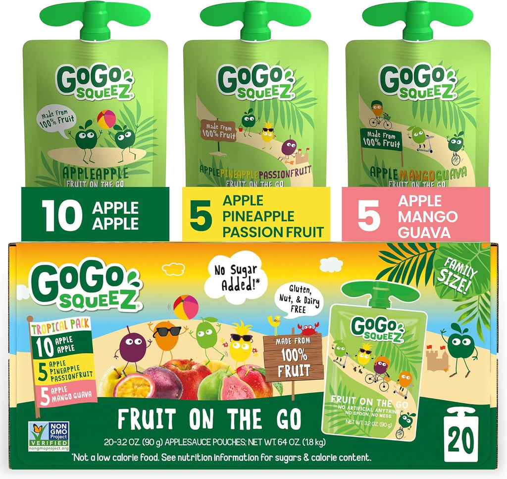GoGo squeeZ Applesauce and Fruit Puree Variety Pack, Apple, Mango Guava & Pineapple Passionfruit, 3.2 oz (Pack of 20), Unsweetened Fruit Snacks for Kids, No Gluten, Nut & Dairy, BPA Free Pouches