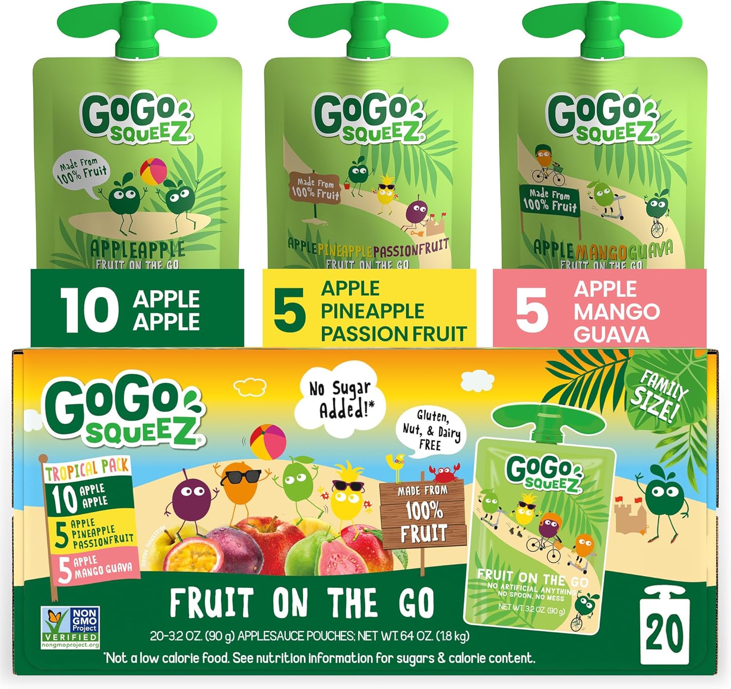 GoGo squeeZ Applesauce and Fruit Puree Variety Pack, Apple, Mango Guava & Pineapple Passionfruit, 3.2 oz (Pack of 20), Unsweetened Fruit Snacks for Kids, No Gluten, Nut & Dairy, BPA Free Pouches