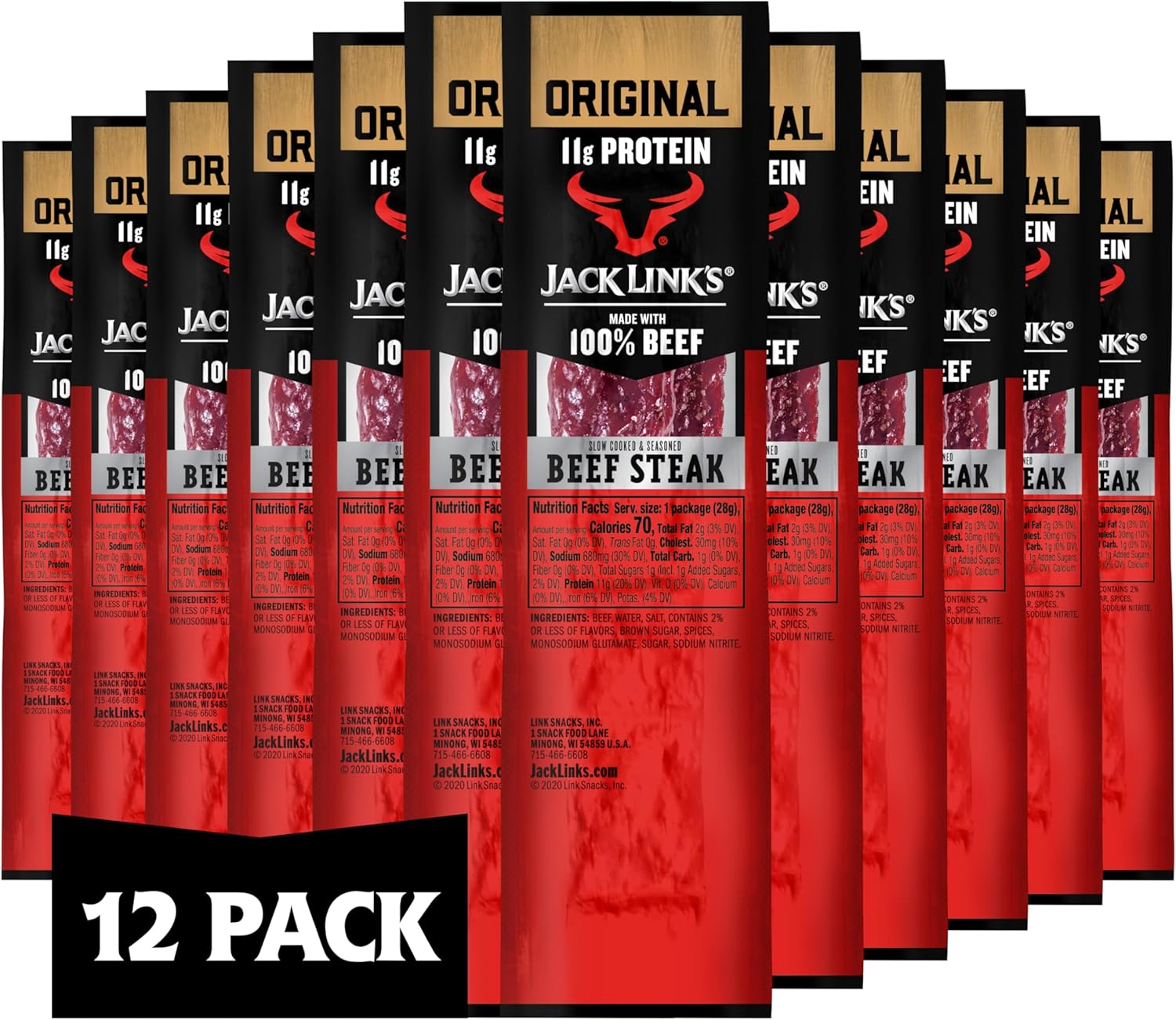 Jack Link’s Premium Cuts Beef Steak, Original, 1 oz., 12 Count – Great Protein Snack 11g of Protein and 1g of Carbs per Serving, Premium Beef