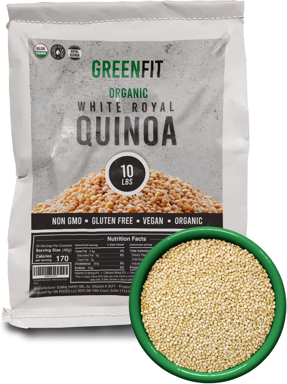 Greenfit Royal Organic White Quinoa | Non-GMO, Gluten-Free, Vegan, and Organic | Complete Protein, High Fiber, Low-Calorie White Quinoa | (10 Pound - Pack of 1)