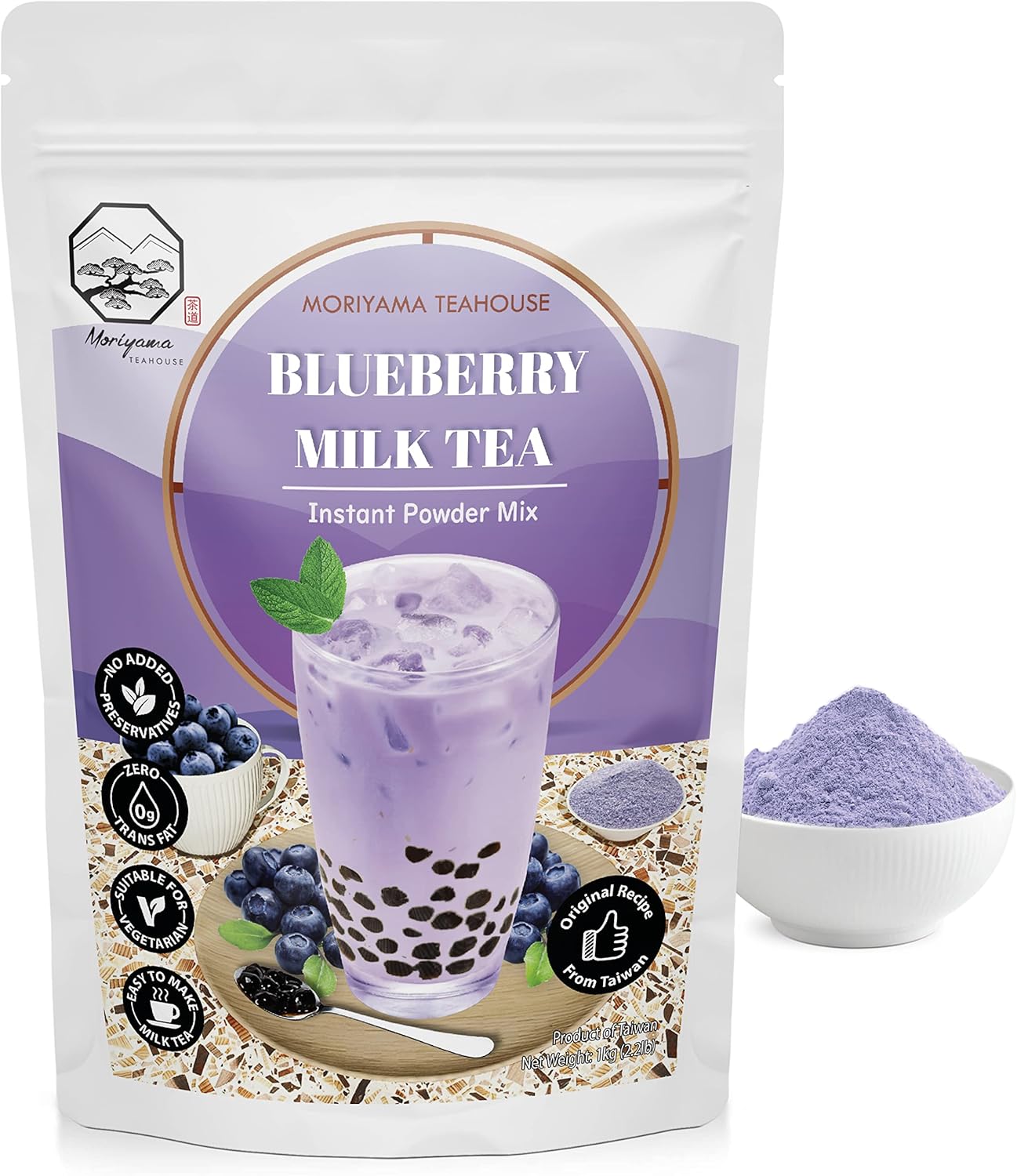 Blueberry Bubble Milk Tea Instant 3in1 Powder Mix - 1kg (33 Drinks) | For Boba Tea, Milkshake, Blended Frappe and Bakery | Authentic Taiwan Recipe | 0 Trans Fat, No Preservatives by Moriyama Teahouse