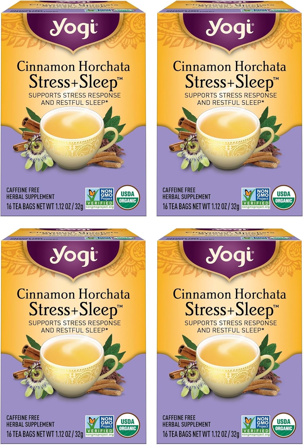 Yogi Tea Cinnamon Horchata Stress & Sleep - 16 Tea Bags per Pack (4 Packs) - Organic Sleep Tea - Supports a Restful Sleep - Includes Ashwagandha, Passionflower & Apple Cider Vinegar