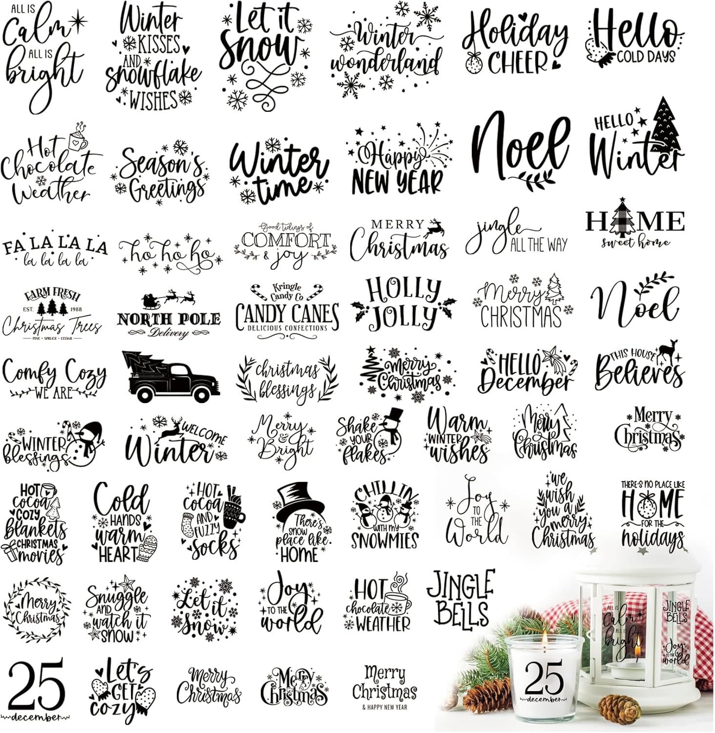 56Pcs Christmas Words Stickers Rub on Transfers for Crafts Vinyl Christmas Word Ornament Sticker Decals for Glass Jars Ball Bottle Wood Wall Decor (joy56)