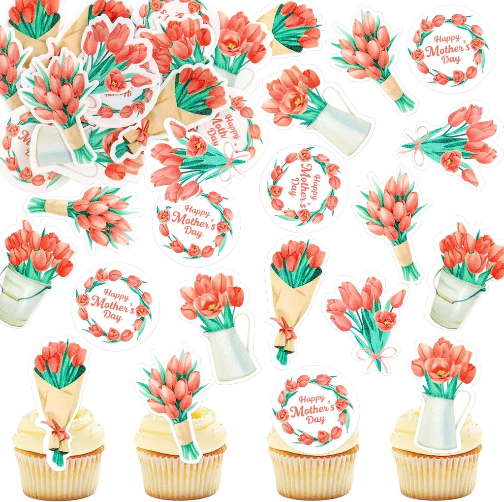 40Pcs Edible Happy Mother's Day Cupcake Toppers Edible Tulip Bouquet Cupcake Picks for Floral Mother's Day Cupcake Decorations Mom's Floral Birthday Party Cake Decorations Supplies