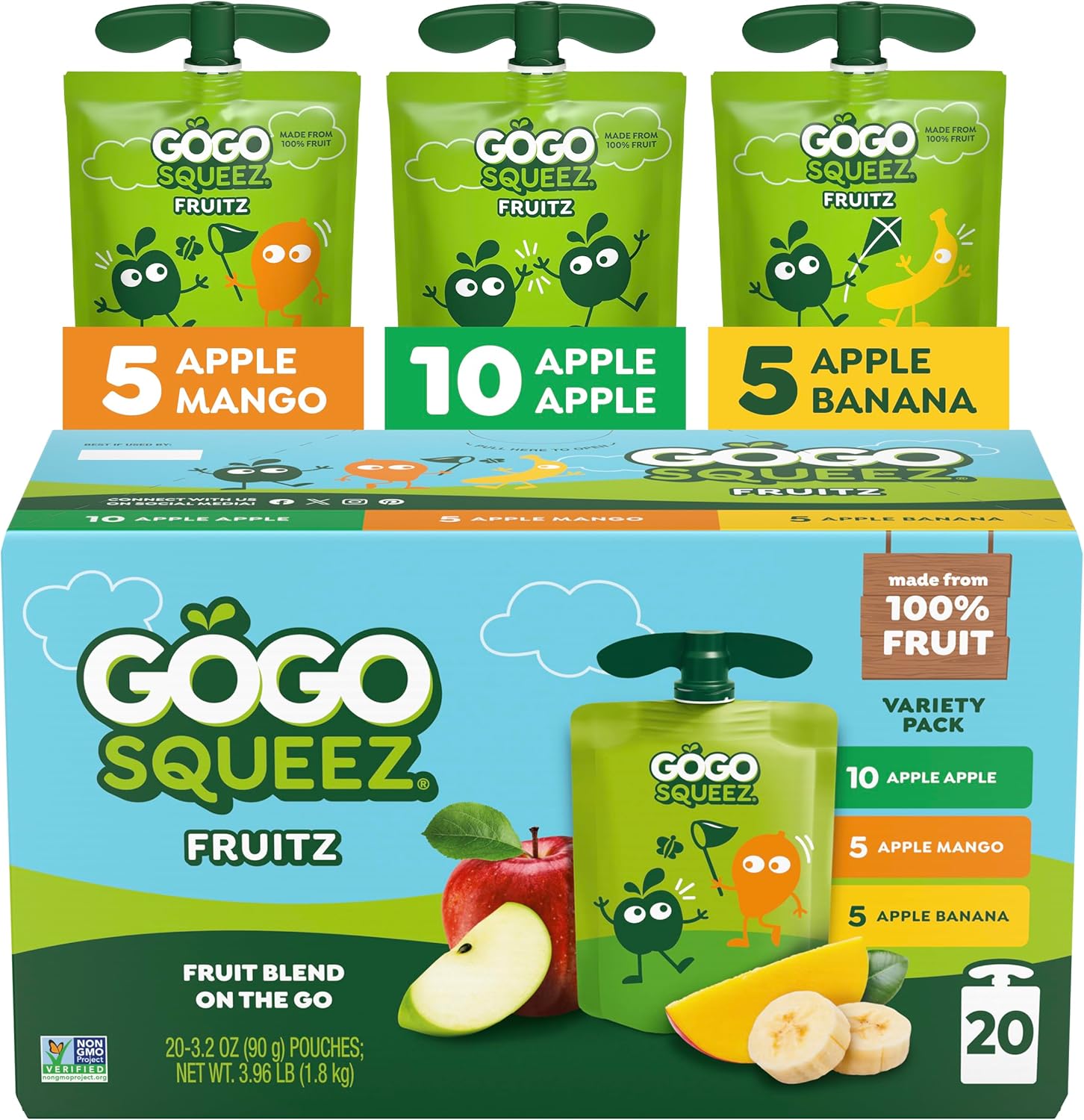 GoGo squeeZ Applesauce and Fruit Puree Variety Pack, Apple, Mango & Banana, 3.2 oz (Pack of 20), Unsweetened Fruit Snacks for Kids, Gluten Free, Nut Free, BPA Free Pouches (Packaging May Vary)