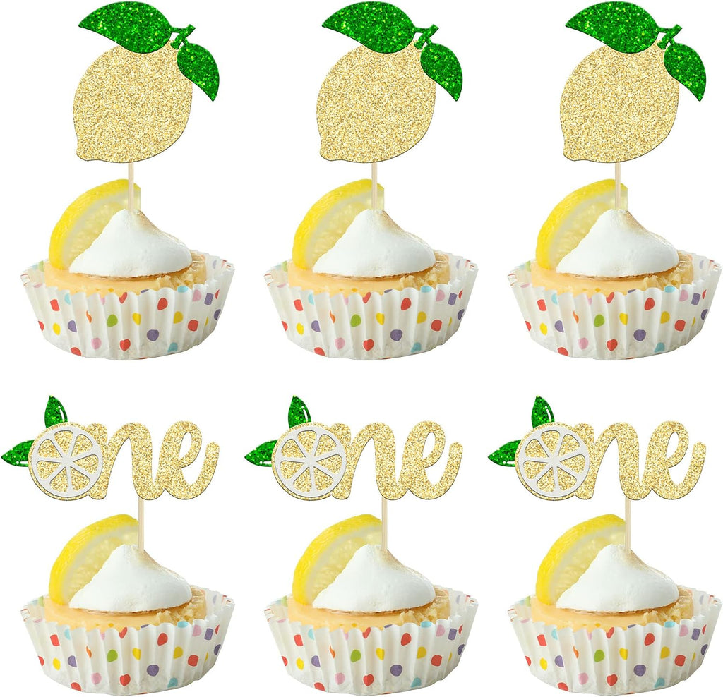 24Pcs Lemon One Cupcake Toppers Glitter Fruit Lemonade First Birthday Cupcake Picks for Lemon Theme Baby Shower 1st Birthday Party Cake Decorations Supplies