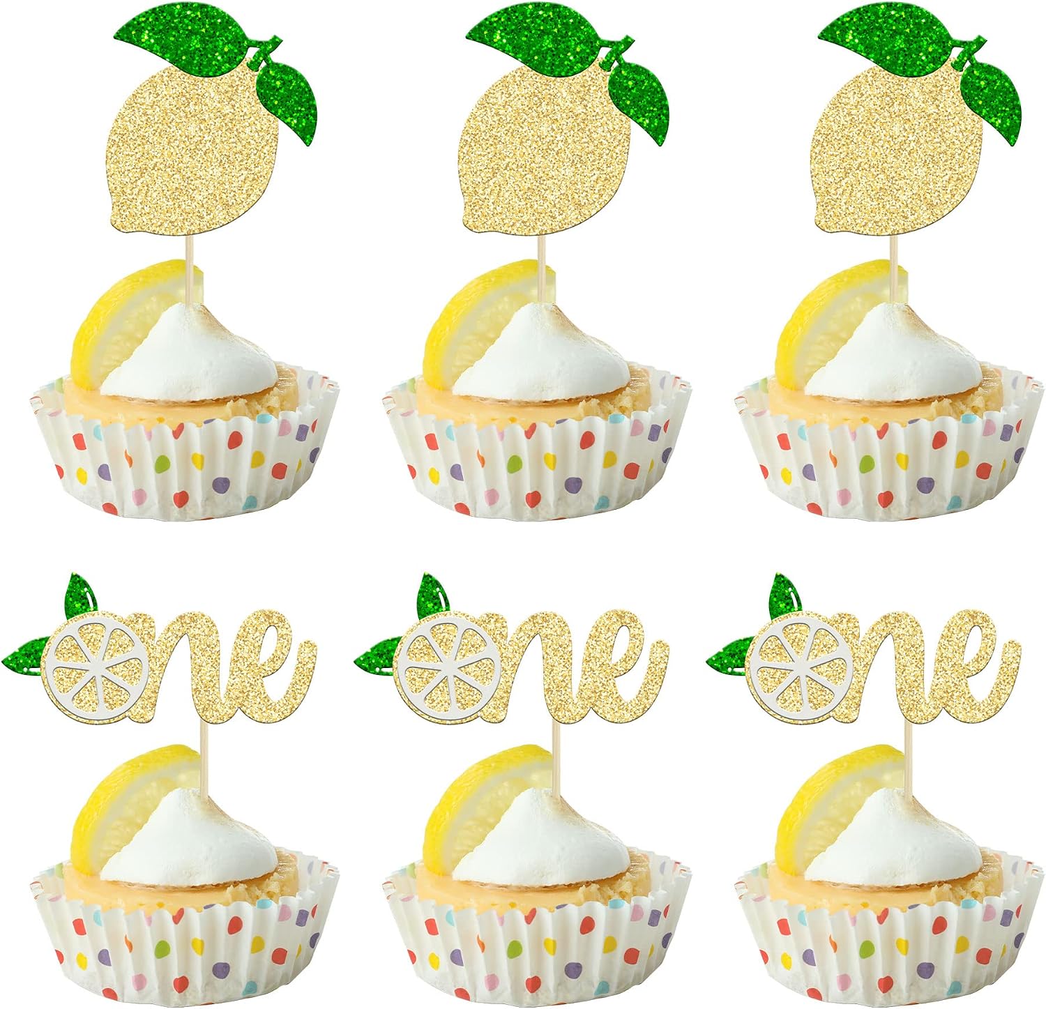24Pcs Lemon One Cupcake Toppers Glitter Fruit Lemonade First Birthday Cupcake Picks for Lemon Theme Baby Shower 1st Birthday Party Cake Decorations Supplies
