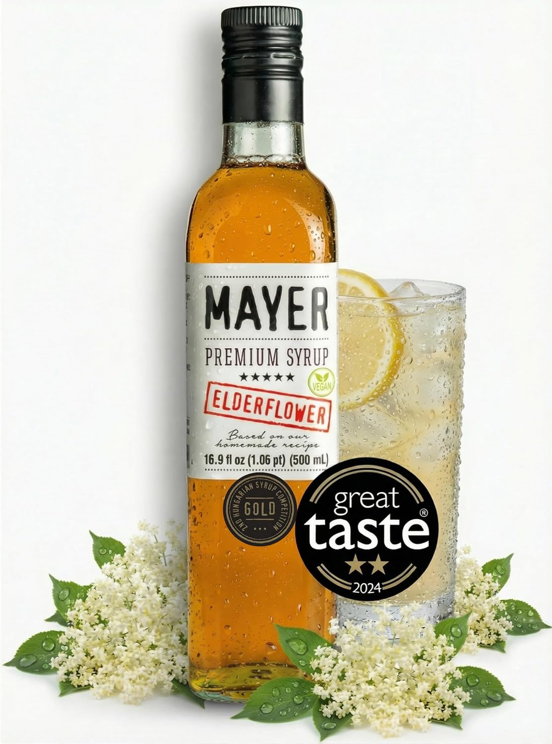Mayer Elderflower Syrup ( Cordial ), Award - Winning, Only Real Elderflowers and 3 Natural Ingredients, Vegan, Gluten Free, Perfect for Cocktails, Lemonades, Coffee, Desserts - No Artificial Additives, Rich Authentic Flavor ( 1 Pack )
