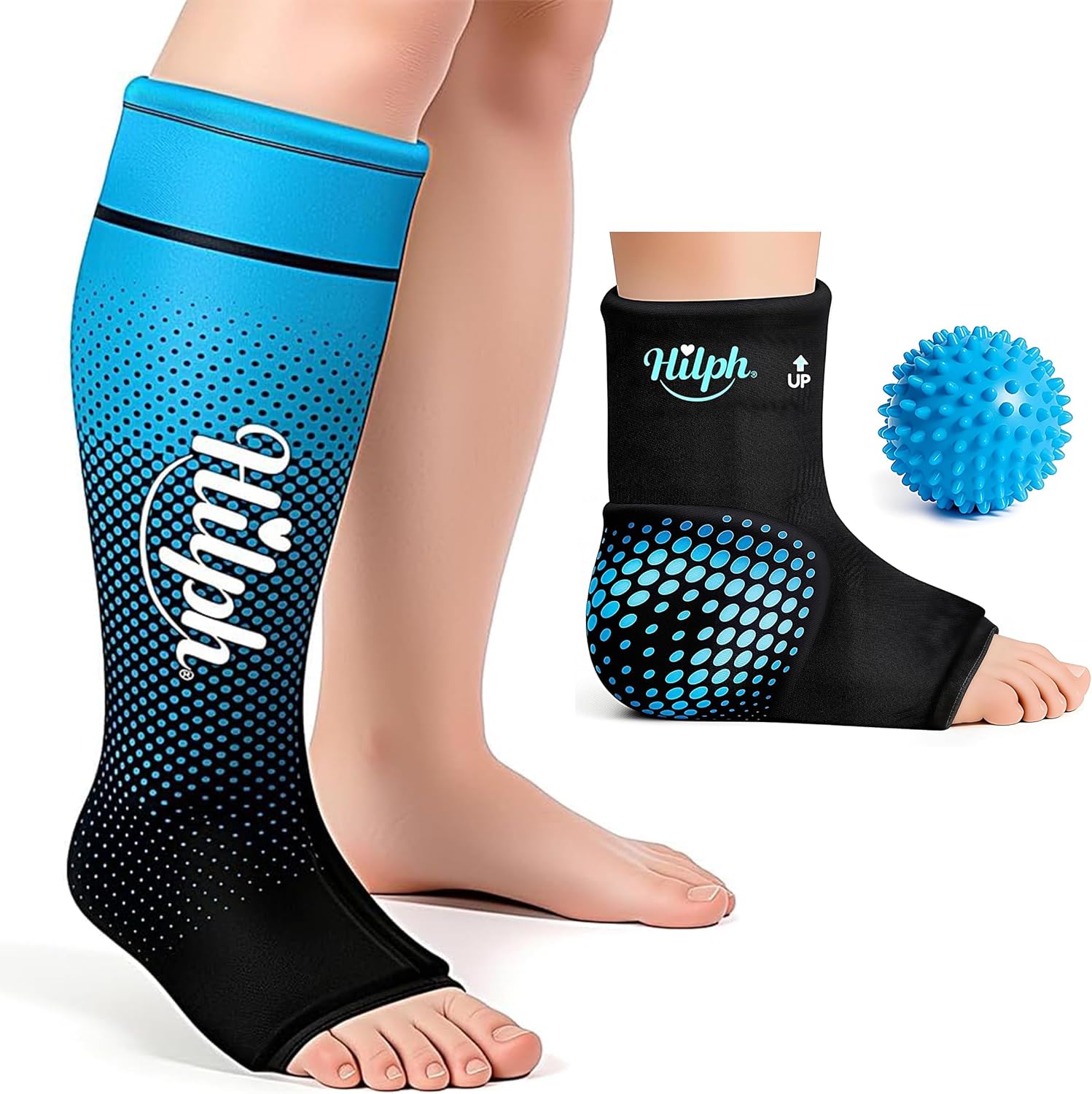 Hilph Complete Leg & Foot Cold Therapy Bundle – Ankle Heel Ice Pack with Massage Ball + Full Calf to Foot Ice Wrap for Plantar Fasciitis, Shin Splints, Achilles Tendonitis, Post-Running Swelling & Mus